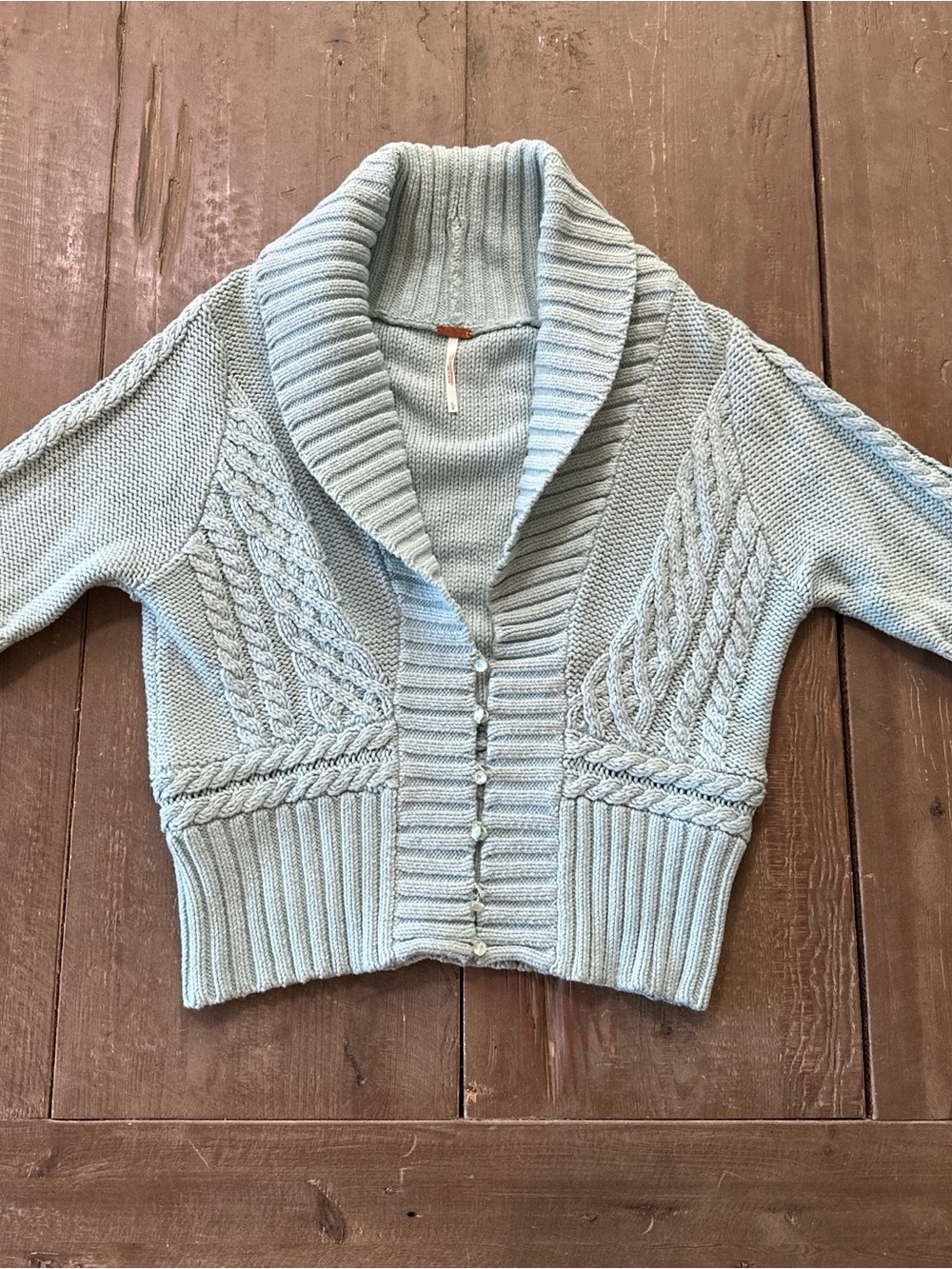 Vintage Free People Light Blue Shawl Collar Cable-Knit Women’s Cropped Sweater